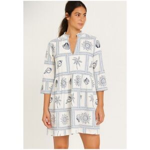 CALYPSO ST BARTH Women Size L White Blue Seashell Print V-Neck A-Line Mini Dress